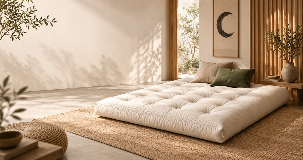 Přírodní světlý futon v minimalistickém interiéru