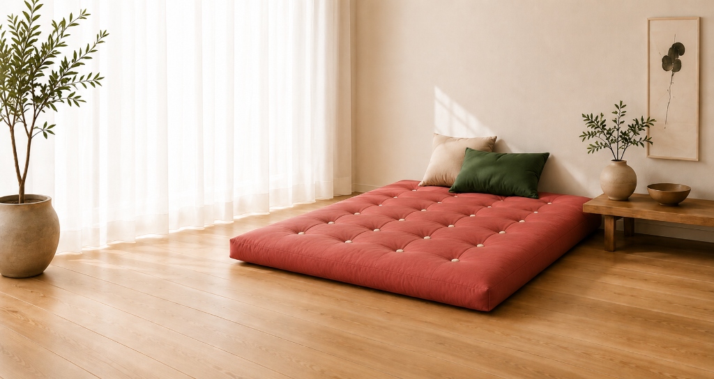 Prošívaná terakotová futonová matrace na dřevěné podlaze